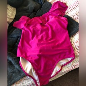 Pink one shoulder ruffle swimsuit